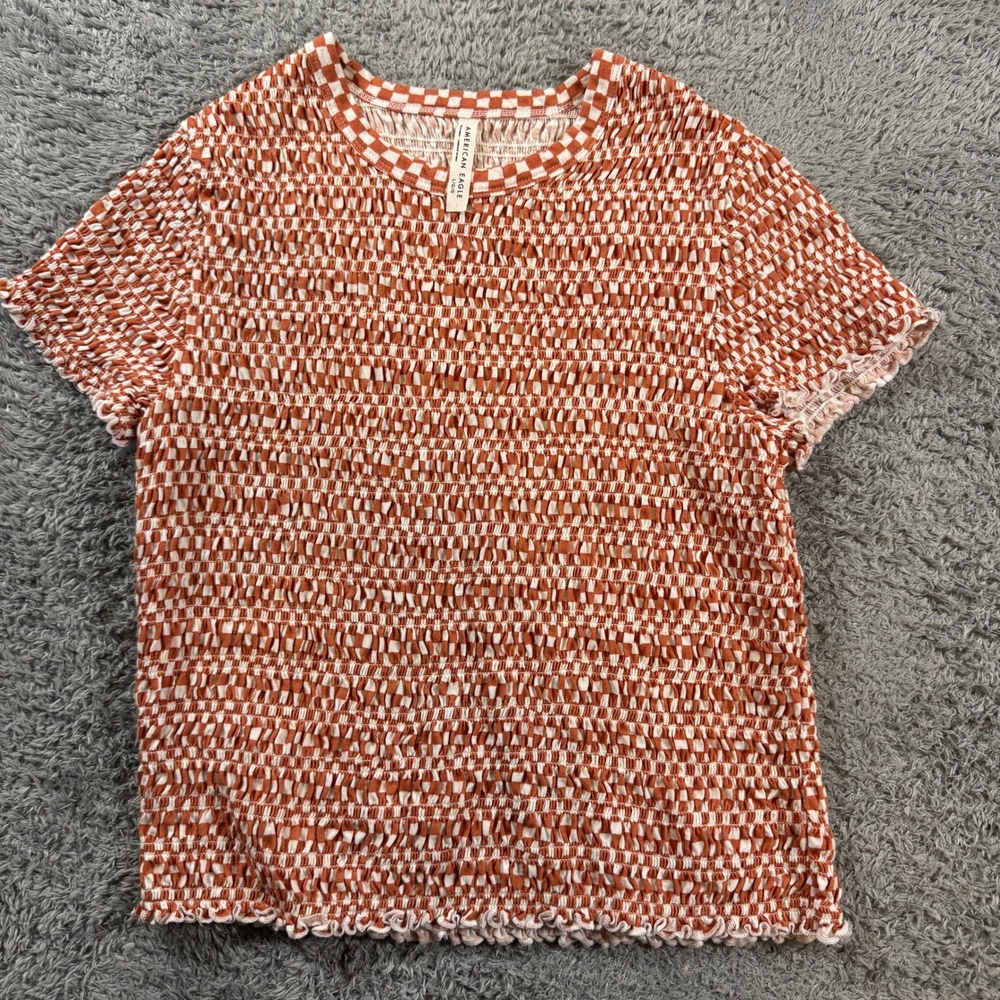 American Eagle Smocked Top Size Large Orange White Checkered Lettuce Trim Shirt